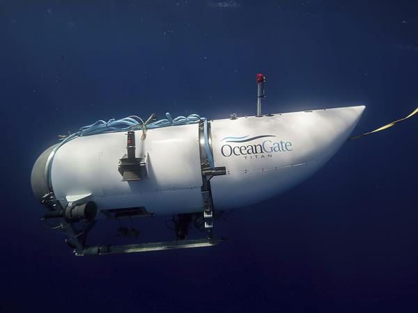 This photo provided by OceanGate Expeditions shows a submersible vessel named Titan used to visit the wreckage site of the Titanic. (OceanGate Expeditions via AP)