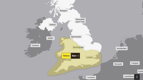 The Met Office has issued a yellow weather warning for rain across much of England and Wales from 9pm on Thursday to just before midnight on Friday