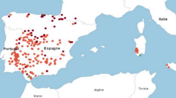 A map showing the spread of disease of Epizootic Haemorrhagic Disease (EHD) across southern Europe. Pic: DEFRA